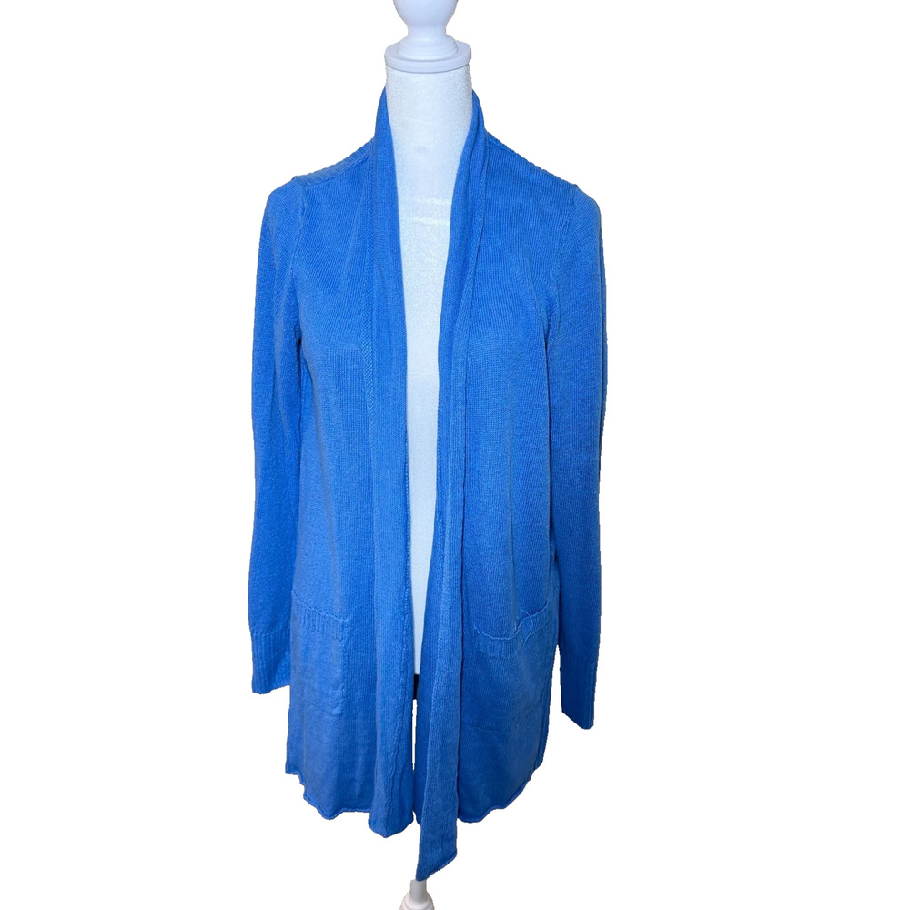 Eileen Fisher Blue 100% Organic Linen Open Cardigan Sweater Size Small Nautical